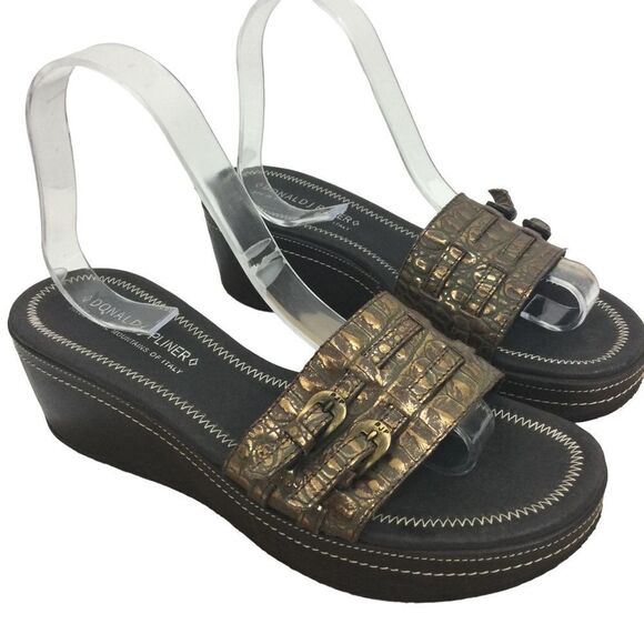 Donald J Pliner Wedge Sandals Slip On Copper Metal Brown Leather Italy Size 10M - Picture 1 of 14